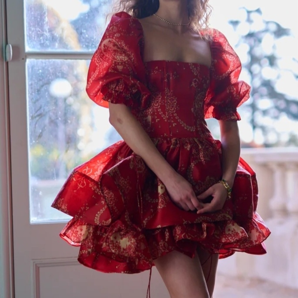 Elegant Red Puff Sleeve Dress